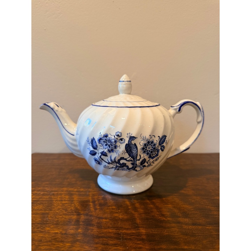 Vintage Ellgreave Wood & Sons Teapot Blue Bird Floral English Ironstone